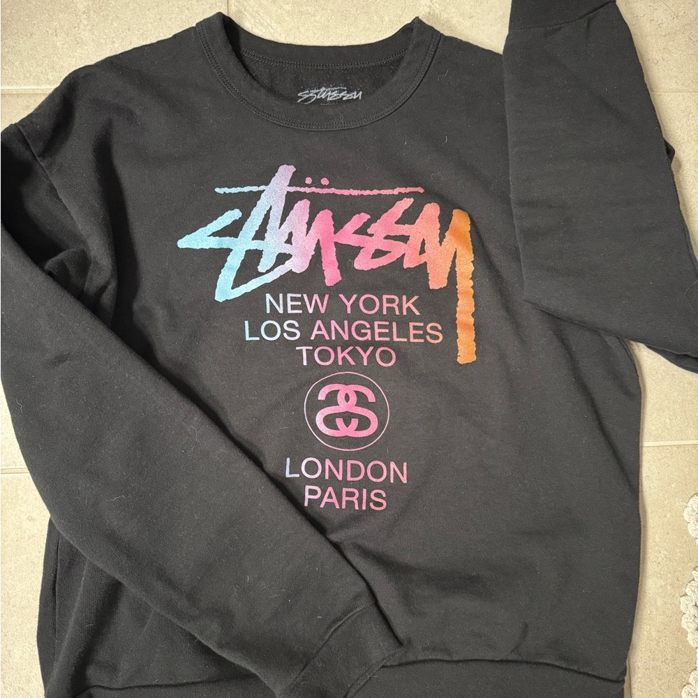 Stussy Black Multicolor Logo Crewneck Sweater